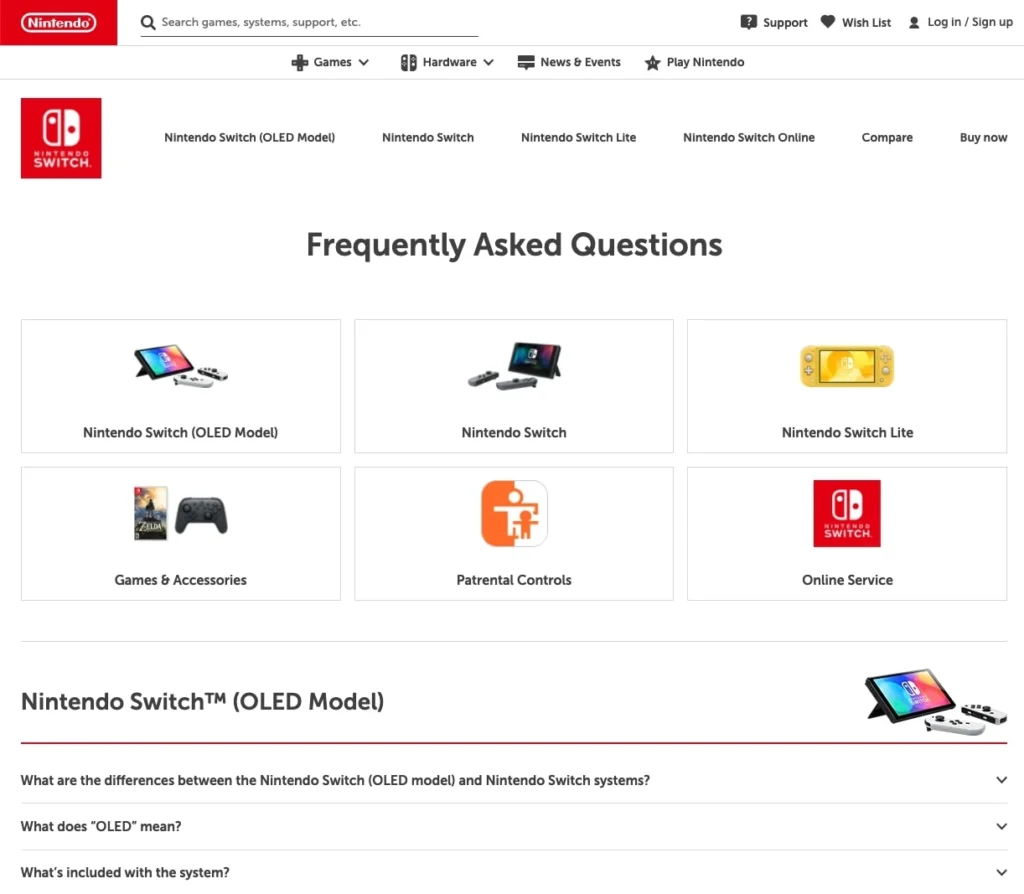 Example of Product or Service Page FAQs - Nintendo