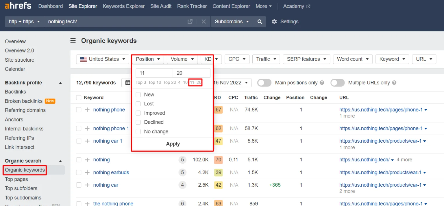 organic keywords (position dropdown)
