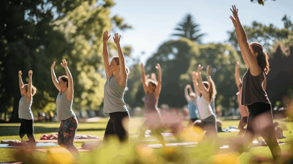 A group yoga class in a beautiful park to showcase the social and community aspects of practising yoga