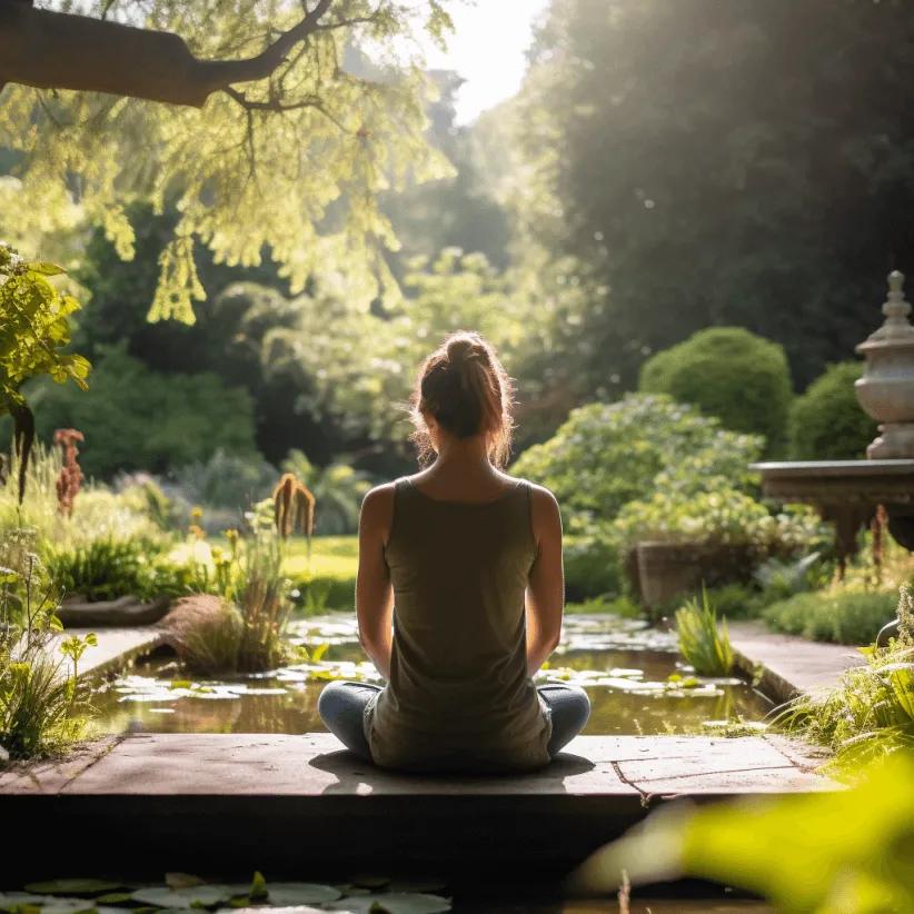 A mindfulness-focused image with a person practising yoga in a tranquil garden setting
