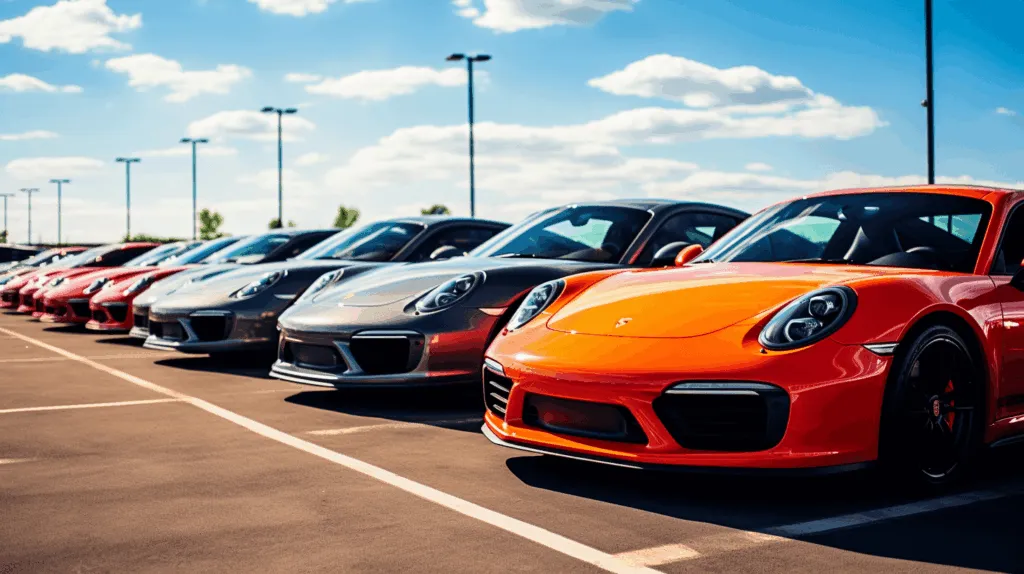 car dealership parking lot filled with Porsche 911s