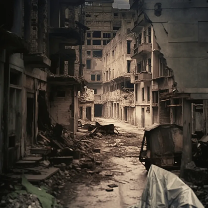 remixed version of crying child image on a war-torn city street generated in Midjourney