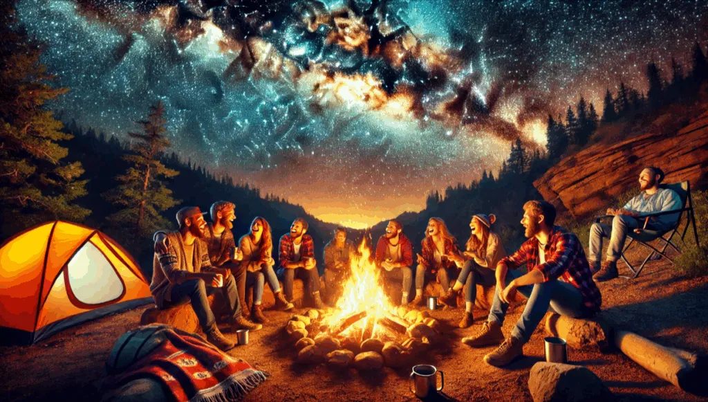 Image from DALLE·3, A group of people sitting around the campfire