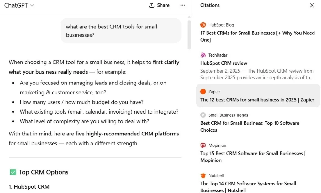 ChatGPT search results for Best CRM tools for small business