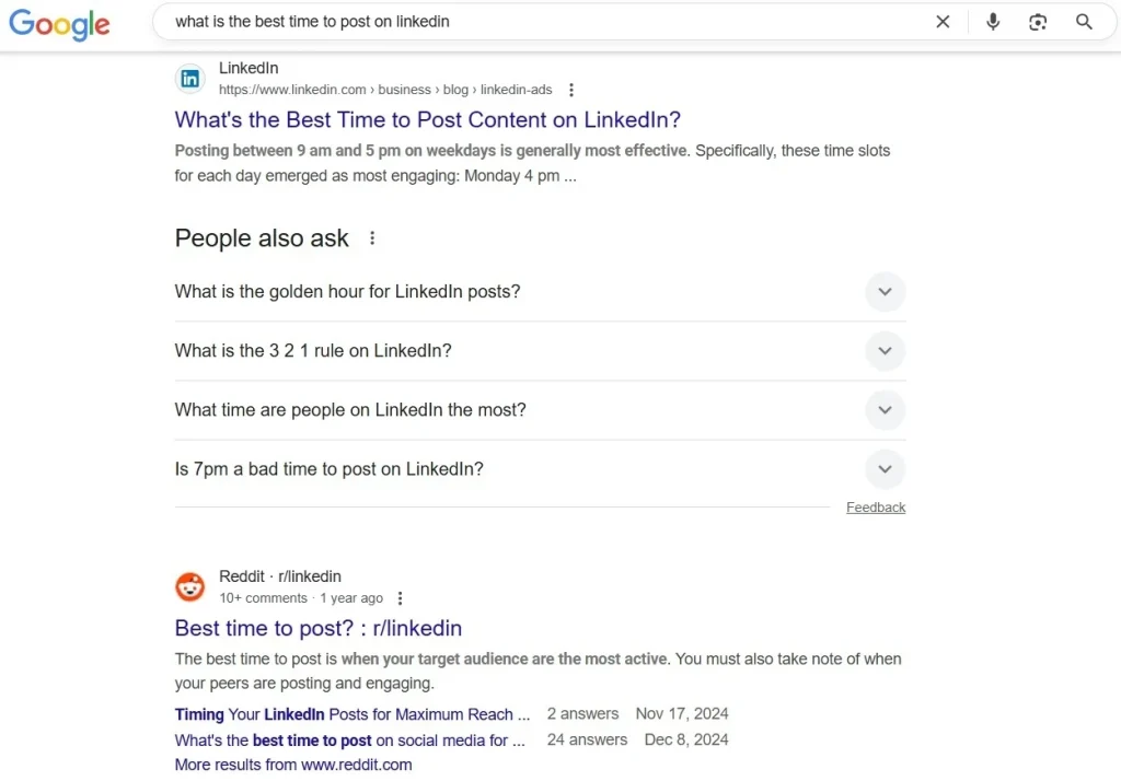 Google search results for Best time to post on LinkedIn - blue links and People Also Ask