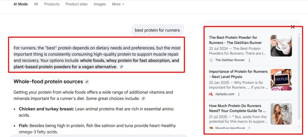 AI Mode search results for a query “best protein for runners”, highlighting summary and cited sources