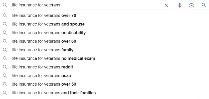 Google Autocomplete function for life insurance