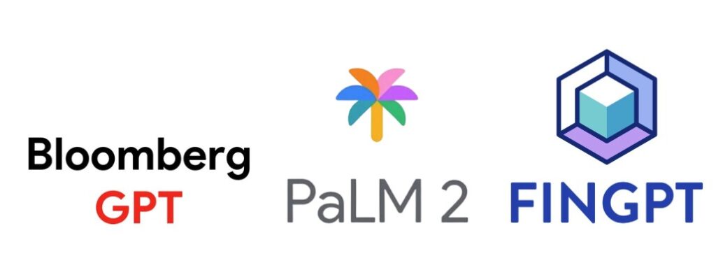 logos of BloombergGPT, PaLM 2, FinGPT
