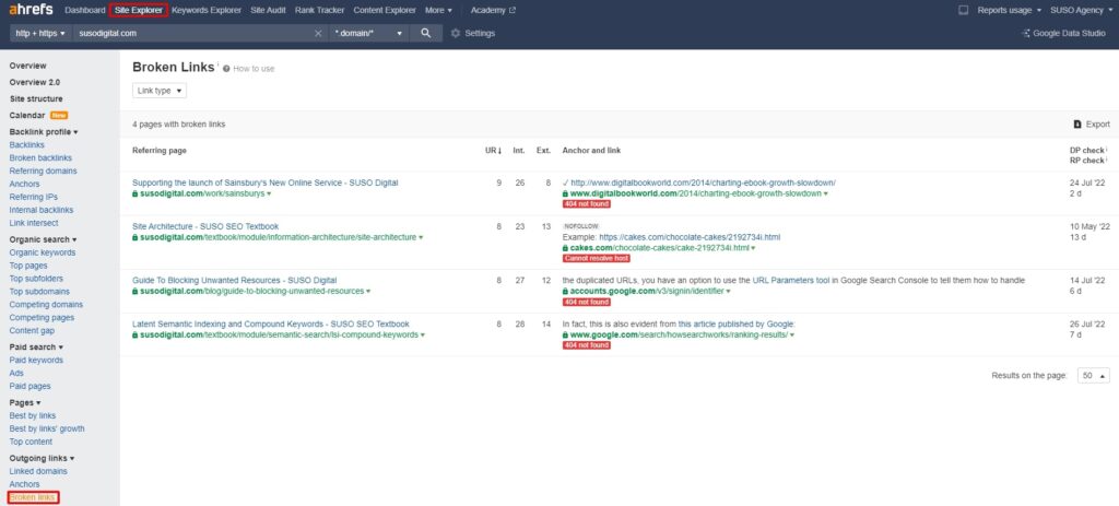 Broken Links report in Ahrefs