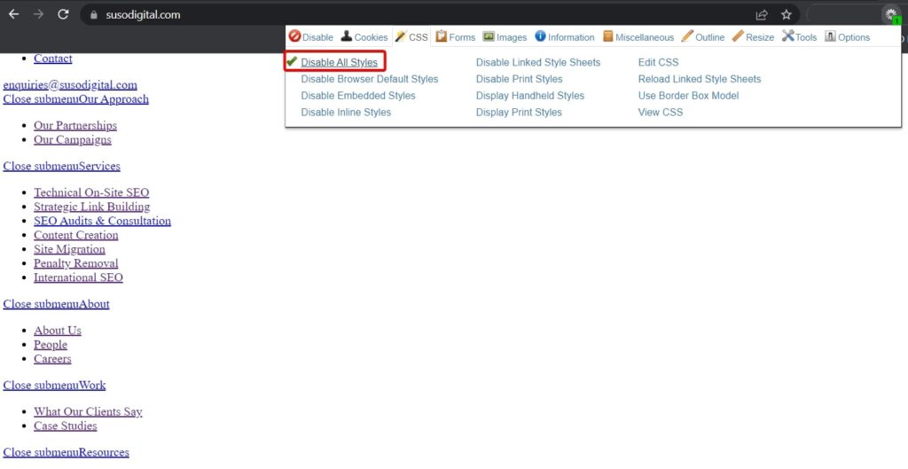 Web Developer extension - disable css styles