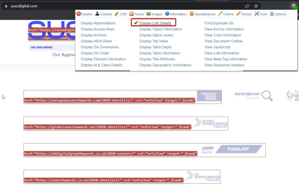 Web Developer Chrome extension - display all links