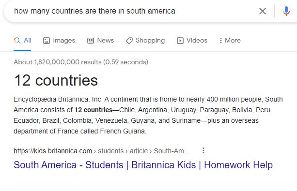 google featured snippet for how many countries are there in south america