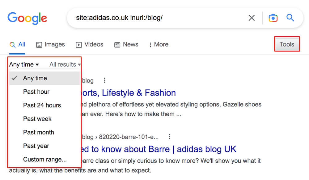 filter by time in google serp