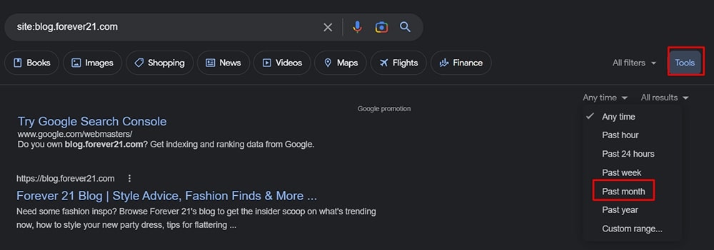 filter results on Google
