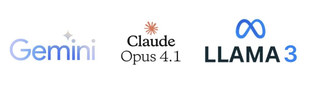 Logos of Gemini Ultra, Claude Opus 4.1, and Meta Llama 3