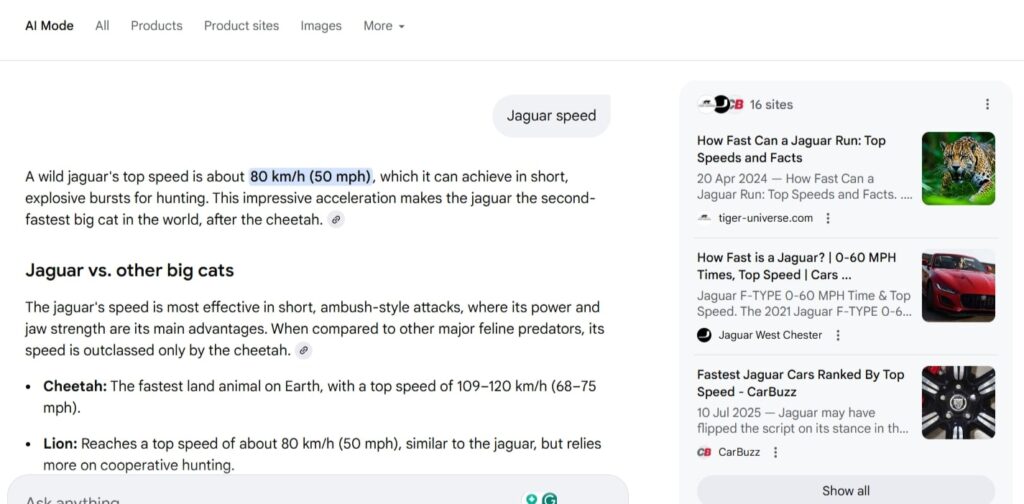 Screenshot of Google AI Mode search results for jaguar speed