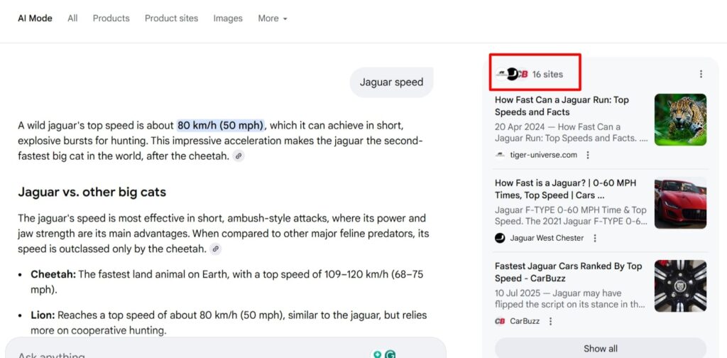 Screenshot of Google AI Mode search results for jaguar speed, highlighting the number of cited sources