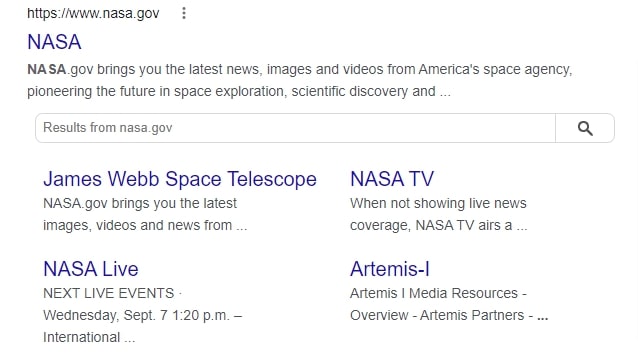 NASA organic sitelinks
