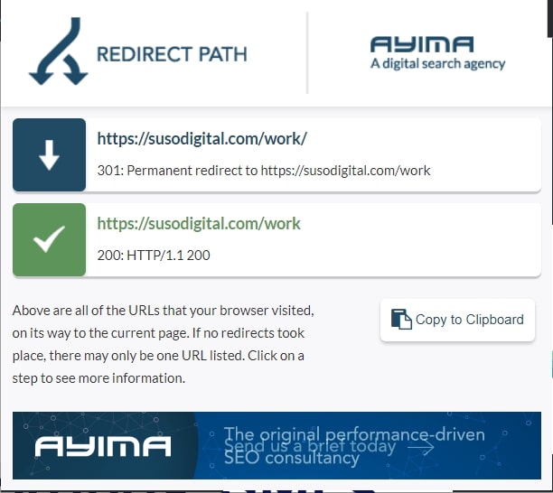 Redirect Path Chrome extension screenshot showing a page with a redirect