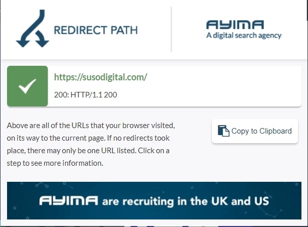 Redirect Path extension screenshot showing a page without a redirect