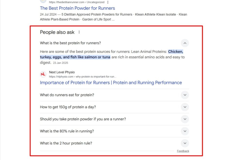 Screenshot of Google's People also ask for the query “best protein for runners”
