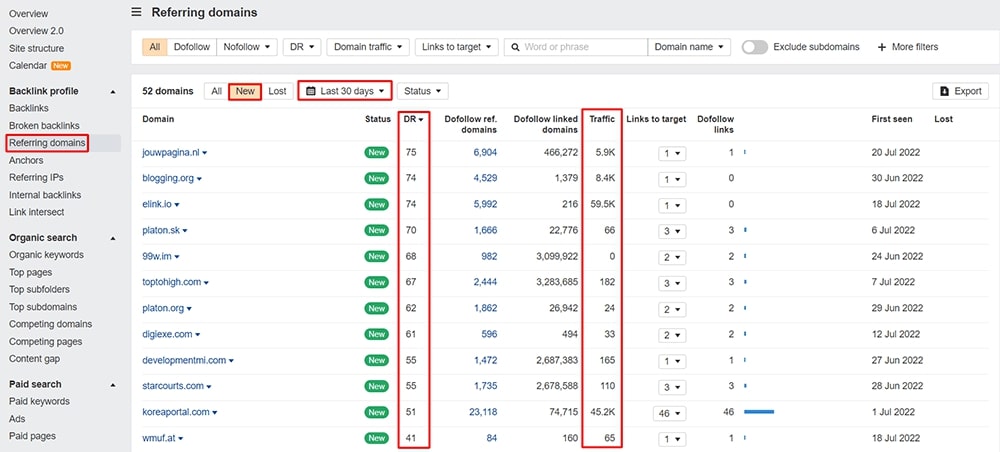 Ahrefs referring domains report