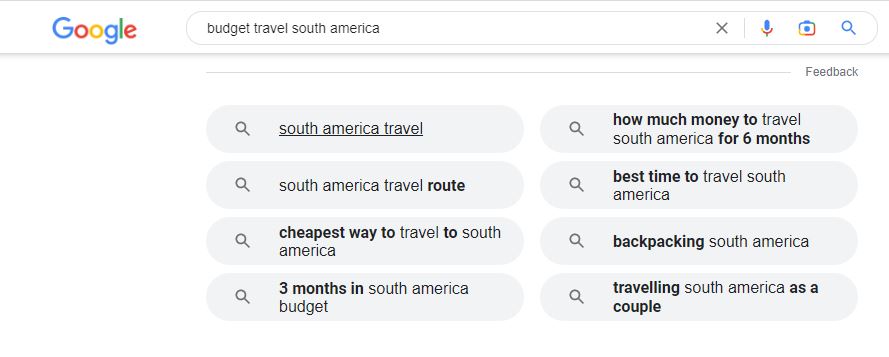 Google related searches for budget travel south america