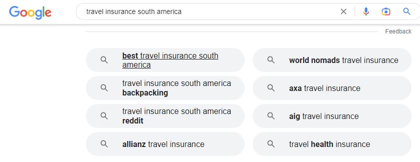 related searches for travel insurance south america