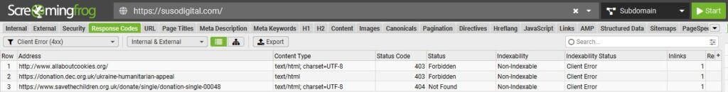Filter for 404 errors in Response Codes in Screaming Frog