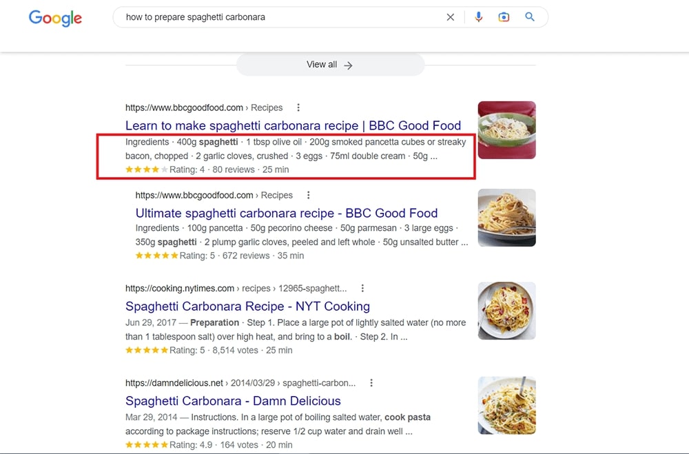 structured data markup for a cooking recipe