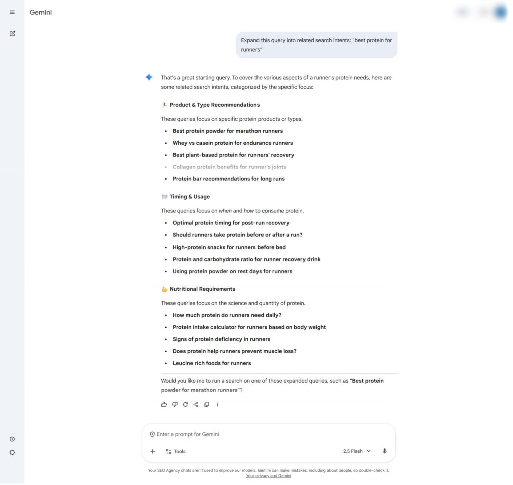 Screenshot from Gemini results for expanding a query into related search intents
