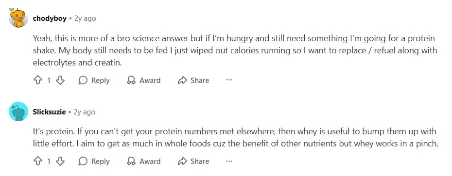 A screenshot of a Reddit thread on protein for runners