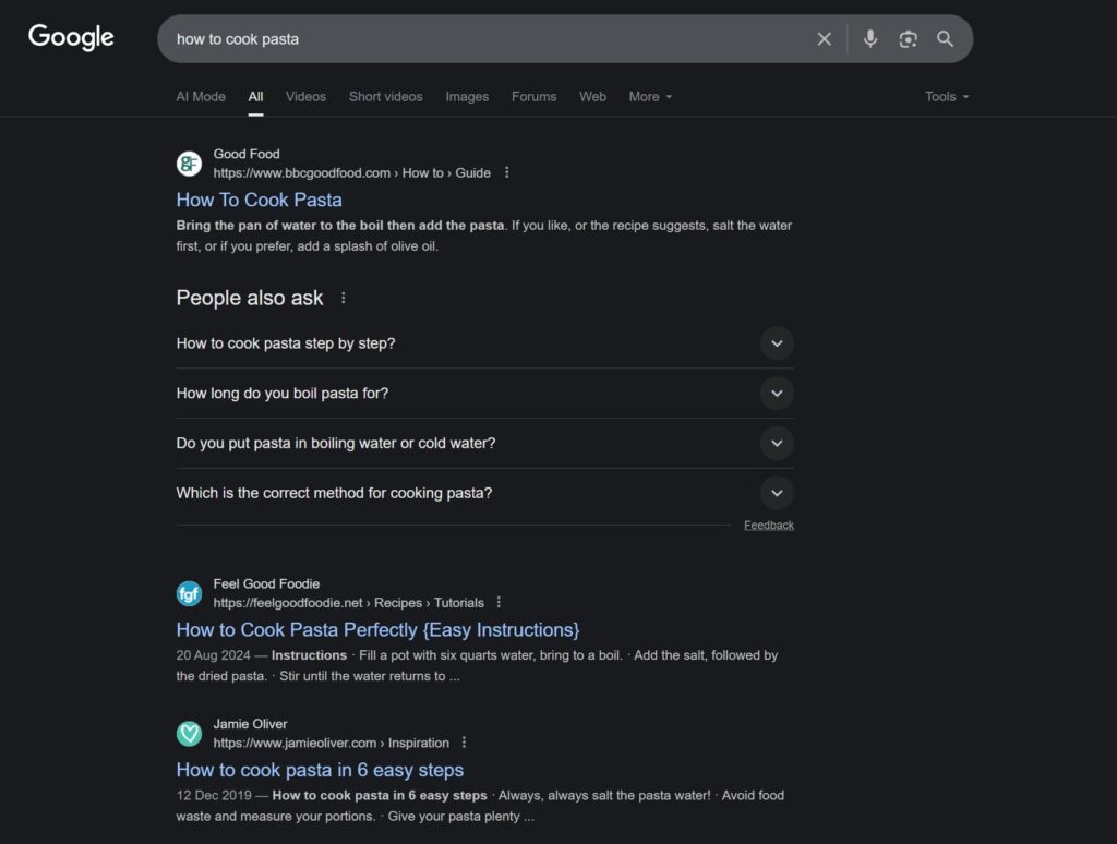 google search engine results page for ‘how to cook pasta'