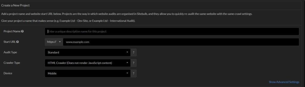 set up your project on sitebulb
