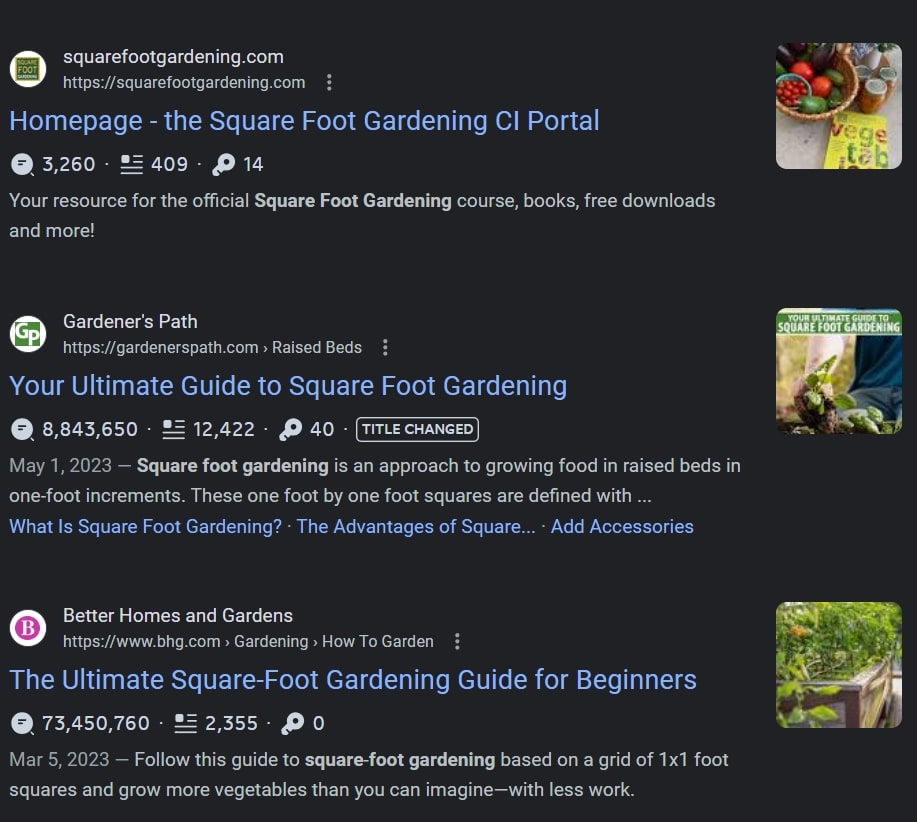 “Square foot gardening” search results on Google