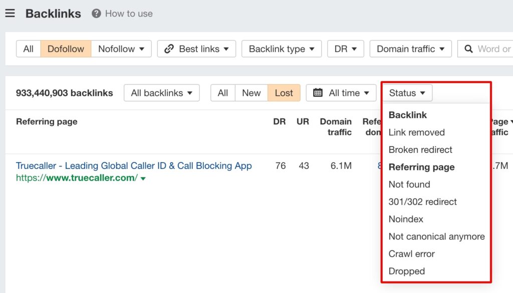 Ahrefs Backlinks Status Drop Down List 