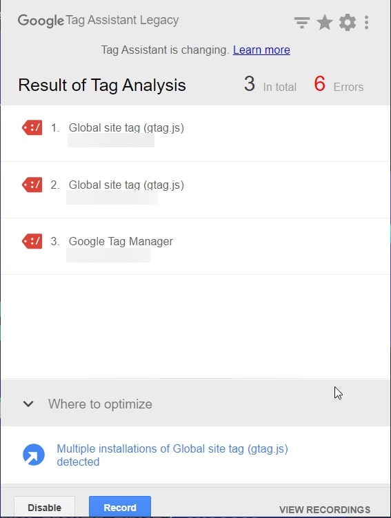 Tag Assistant extension