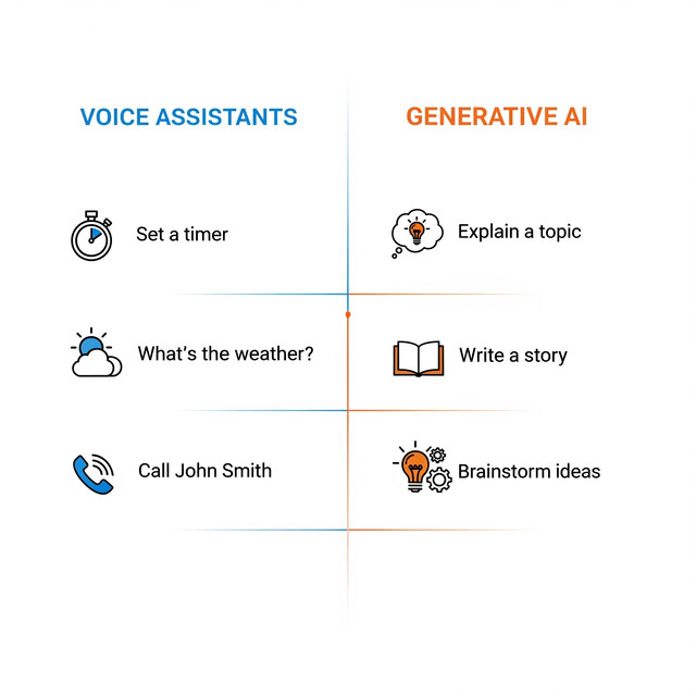 Infographic showing how voice assistants work comparing generative AI search with voice search intent and optimization
