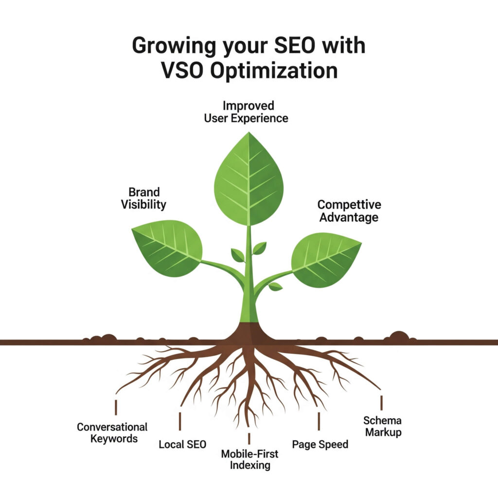 Infographic of Growing your SEO with VSO Optimization showing a visual of a growing plant that has roots and leaves - an interpretation of how vso optimization is grown