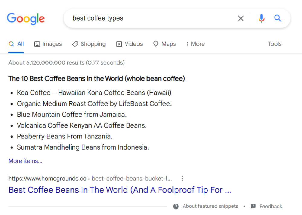 Unordered List Featured Snippet