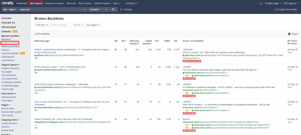 screenshot of broken backlinks (404) report in Ahrefs