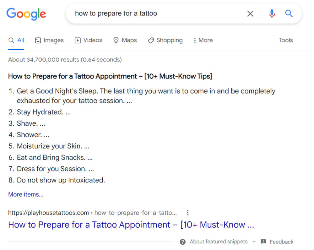 featured snippet for how to prepare for a tattoo