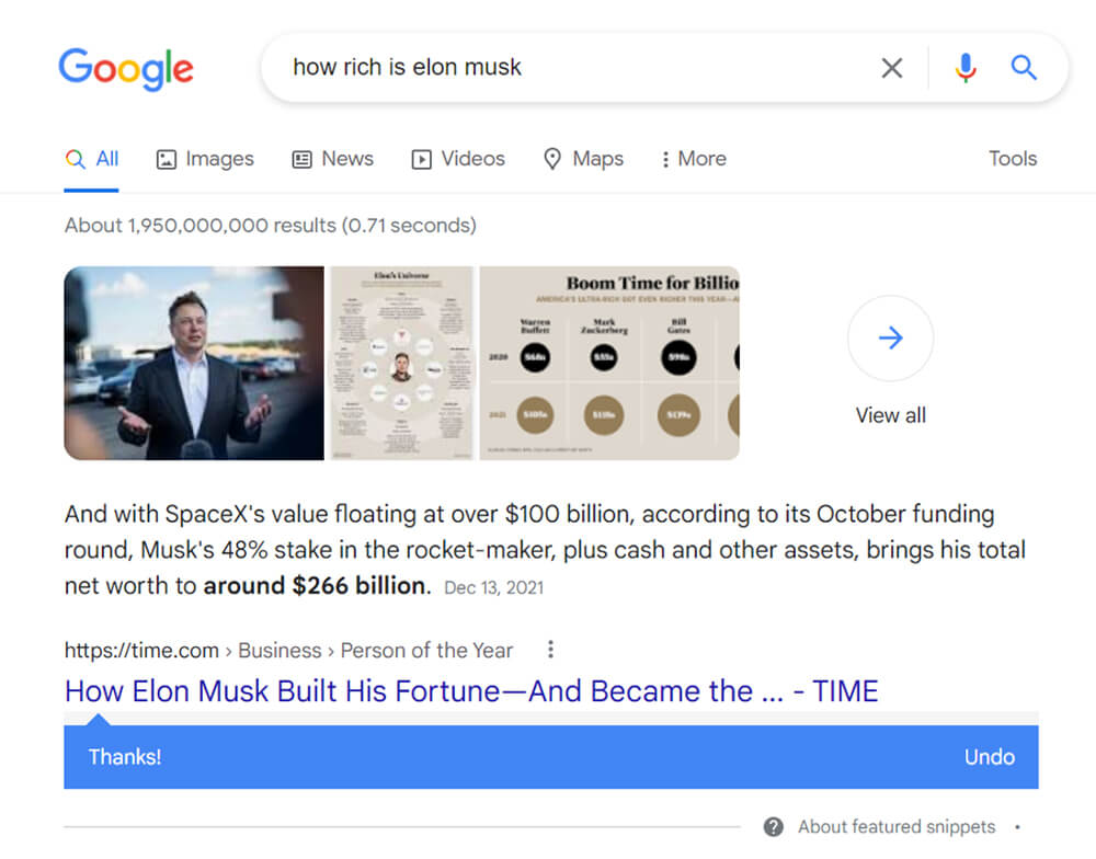 featured snippet for how rich is elon musk