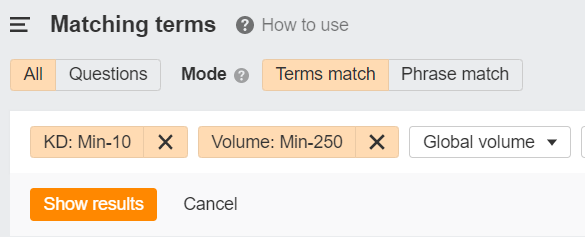filter results by keyword difficulty and search volume