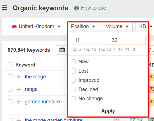 filter Ahrefs organic keywords