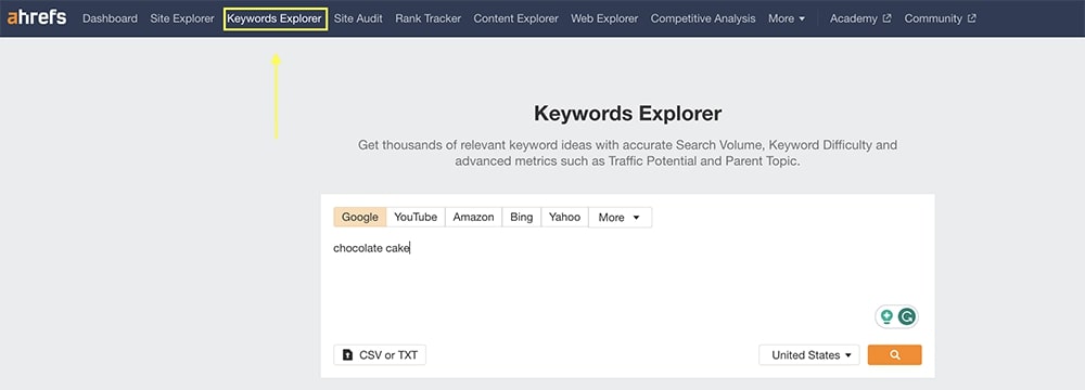 Keywords Explorer tab Ahrefs
