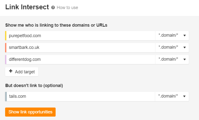 Ahrefs’ link intersect tool