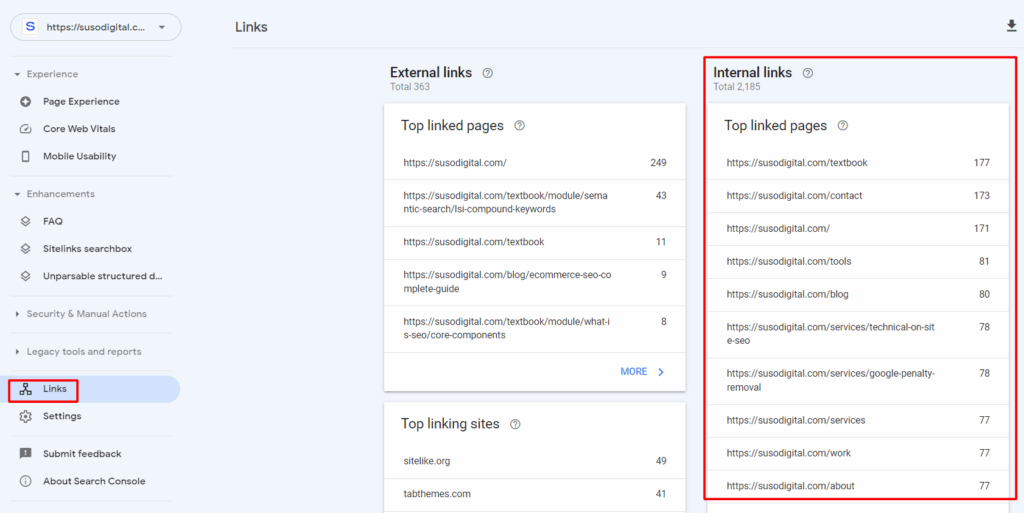 internal links report in google search console