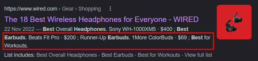 meta description in a search result snippet