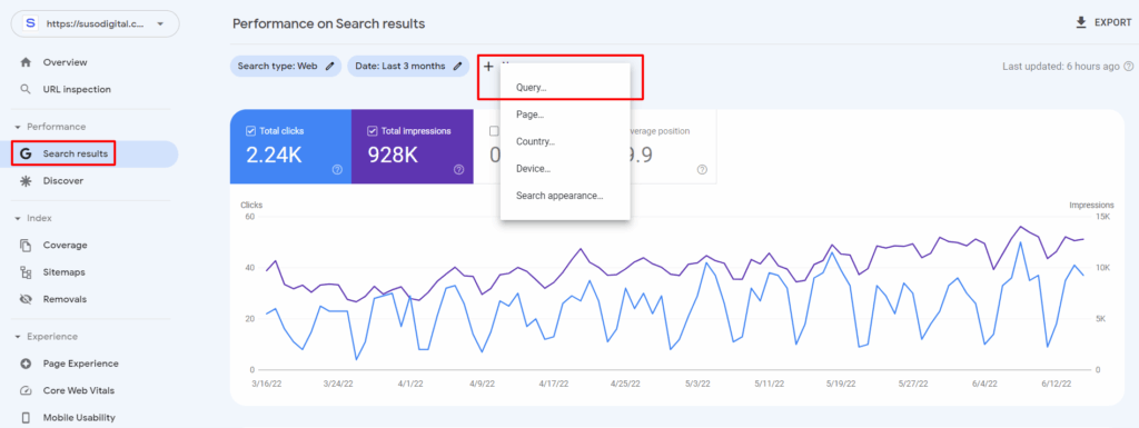 search results performance report in google search console